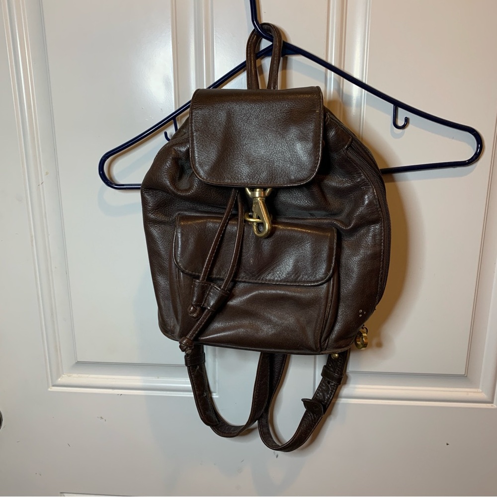 Bloomingdale’s Brown Leather Mini Backpack Bag Gold Accents Side Entrance Pocket